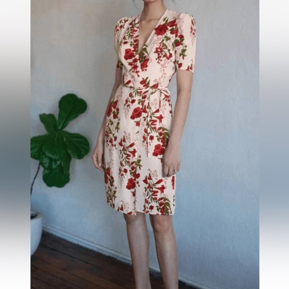 Reformation Laurent Style Floral Wrap Dress in Cream with Red Bloom Print